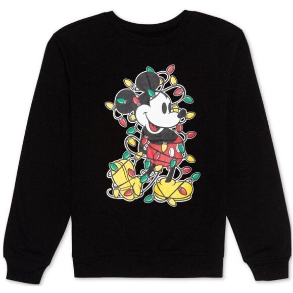 Disney Mickey Mouse Sweatshirt Top Juniors' SMALL Black Funny Holiday Lights NEW - Picture 1 of 8